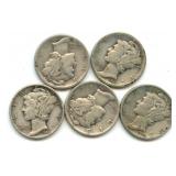 (5) Mercury Silver Dimes