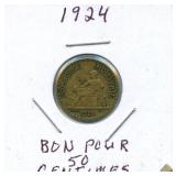 1924 France 50 Centimes Bon Pour Chambers De
