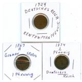 Germany 1 Pfenning Coins 1867-A, 1874 and 1924