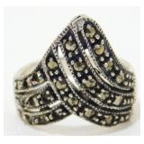 Vintage Sterling Silver V Shaped Marcasite Ring -