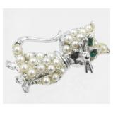Vintage Pearl and Jeweled Cat Brooch