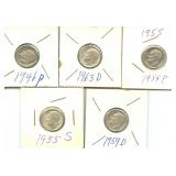 5 Roosevelt Silver Dimes