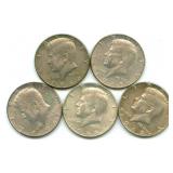 Lot of 5 Kennedy 40% Silver Half-Dollar Coins,
