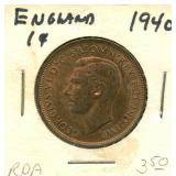 1940 United Kingdom One Penny Coin George VI -