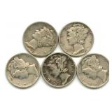 Group of 5 Mercury Silver Dimes