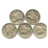 Group of 5 Mercury Silver Dimes