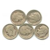 Group of 5 Roosevelt Silver Dimes