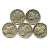 Group of 5 Mercury Silver Dimes