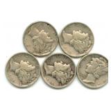 Group of 5 Mercury Silver Dimes