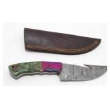 New Damascus Blade Gut Hook Knife with Leather