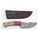 New Damascus Blade Gut Hook Knife with Leather