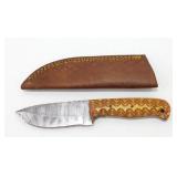 New Damascus Blade Drop Point Knife with Leather