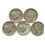 Group of 5 Mercury Silver Dimes