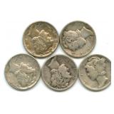 Group of 5 Mercury Silver Dimes