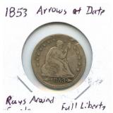 1853 Seated Liberty Silver Quarter - Arrows, Rays