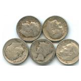 5 Silver Dimes - 4 Roosevelt, 1 Mercury