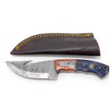 New Damascus Blade Gut Hook Knife with Leather