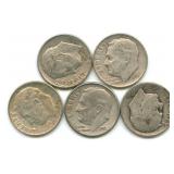 Group of 5 Roosevelt Silver Dimes