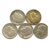 Group of 5 Roosevelt Silver Dimes