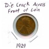 1929 Lincoln Cent - Die Crack Across Front of