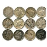 12 Silver Dimes - 7 Mercury, 4 Roosevelt, 1
