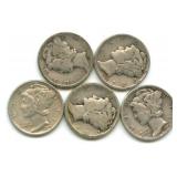 (5) U.S. Mercury Silver Dimes