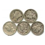 (5) U.S. Mercury Silver Dimes