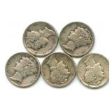 (5) U.S. Mercury Silver Dimes