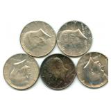 Lot of 5 Kennedy 40% Silver Half-Dollar Coins,