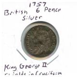 1757 British Silver 6 Pence King George II