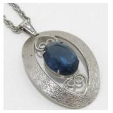 Silver Tone Imitation Sapphire Pendant with Chain