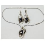 Set Sterling Black Stone Necklace & Earrings