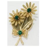 Gold Tone Daisy Brooch with 3 Green Stones - 9.2