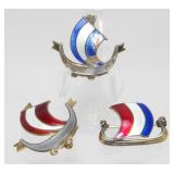 Sterling Silver Norway 3 Viking Ship Brooches - 1