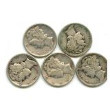(5) U.S. Mercury Silver Dimes