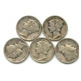 (5) U.S. Mercury Silver Dimes