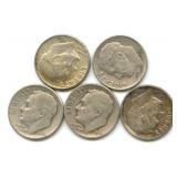(5) U.S. Roosevelt Silver Dimes