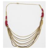 Gold Tone Multi Strand Red Stone Fashion Necklace