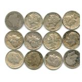 12 Silver Dimes - 6 Mercury, 5 Roosevelt, 1