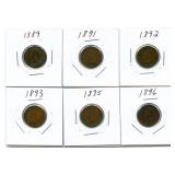 (6) U.S. Indian Head Cents: 1889, 15891, 1892,