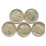 Group of 5 Roosevelt Silver Dimes