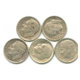 Group of 5 Roosevelt Silver Dimes