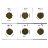 (6) U.S. Indian Head Cents: 1880, 1881, 1882,
