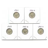 (5) 90% Silver Mercury Dimes: 1941, 1941-D, 1942,
