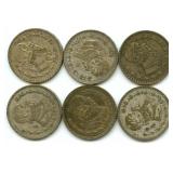 Group of 6 Mexican Silver One Peso Coins