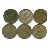Group of 6 Mexican Silver One Peso Coins