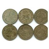Group of 6 Mexican Silver One Peso Coins
