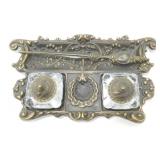 * Old, Ornate Brass Double Inkwell Set with
