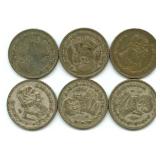Group of 6 Mexican Silver One Peso Coins