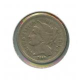 1866 U.S Three Cent Copper Nickel - Good Details